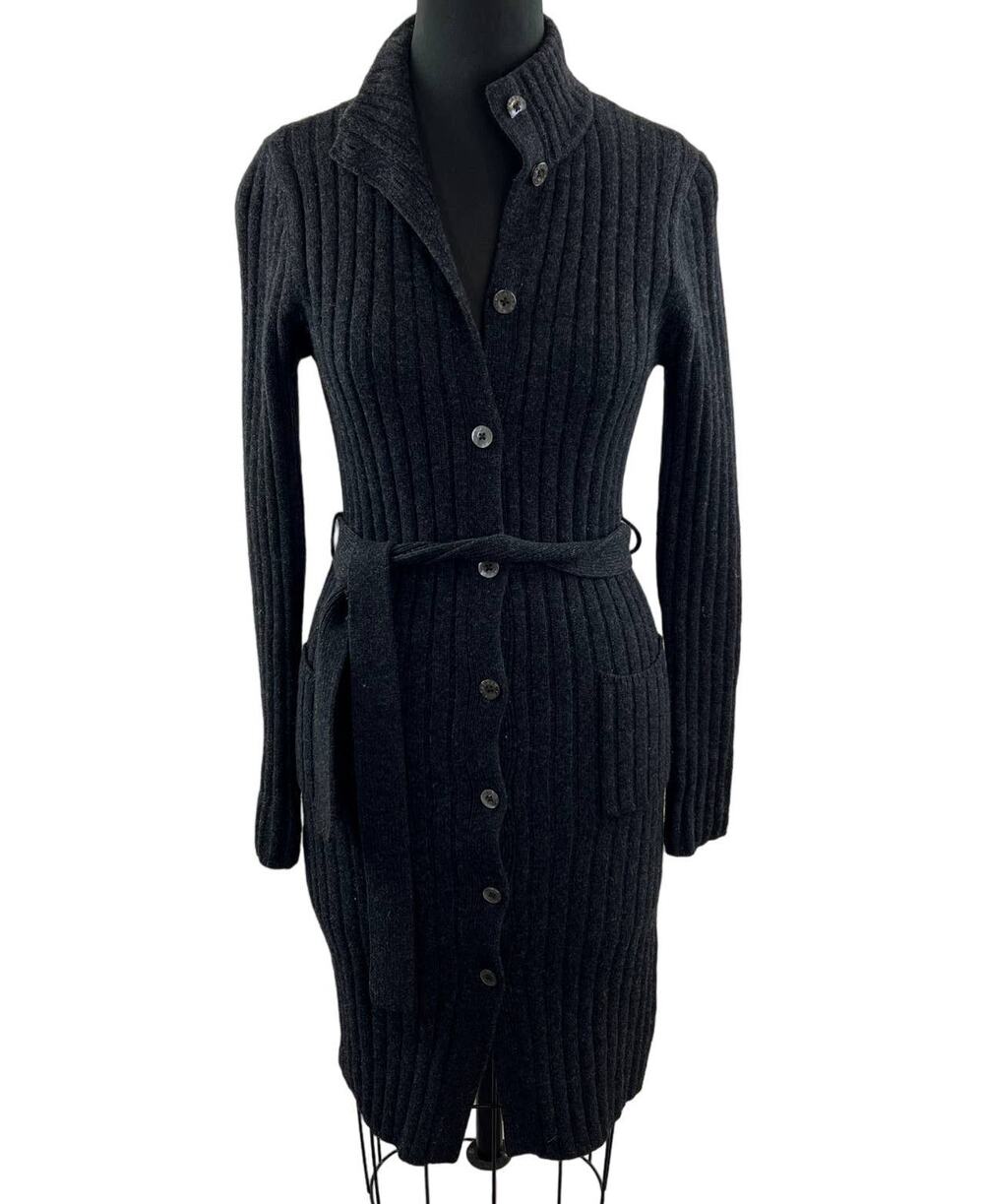 VTG Lauren RALPH LAUREN Gray Lambswool Tie Button Midi Duster Cardigan Sweater S